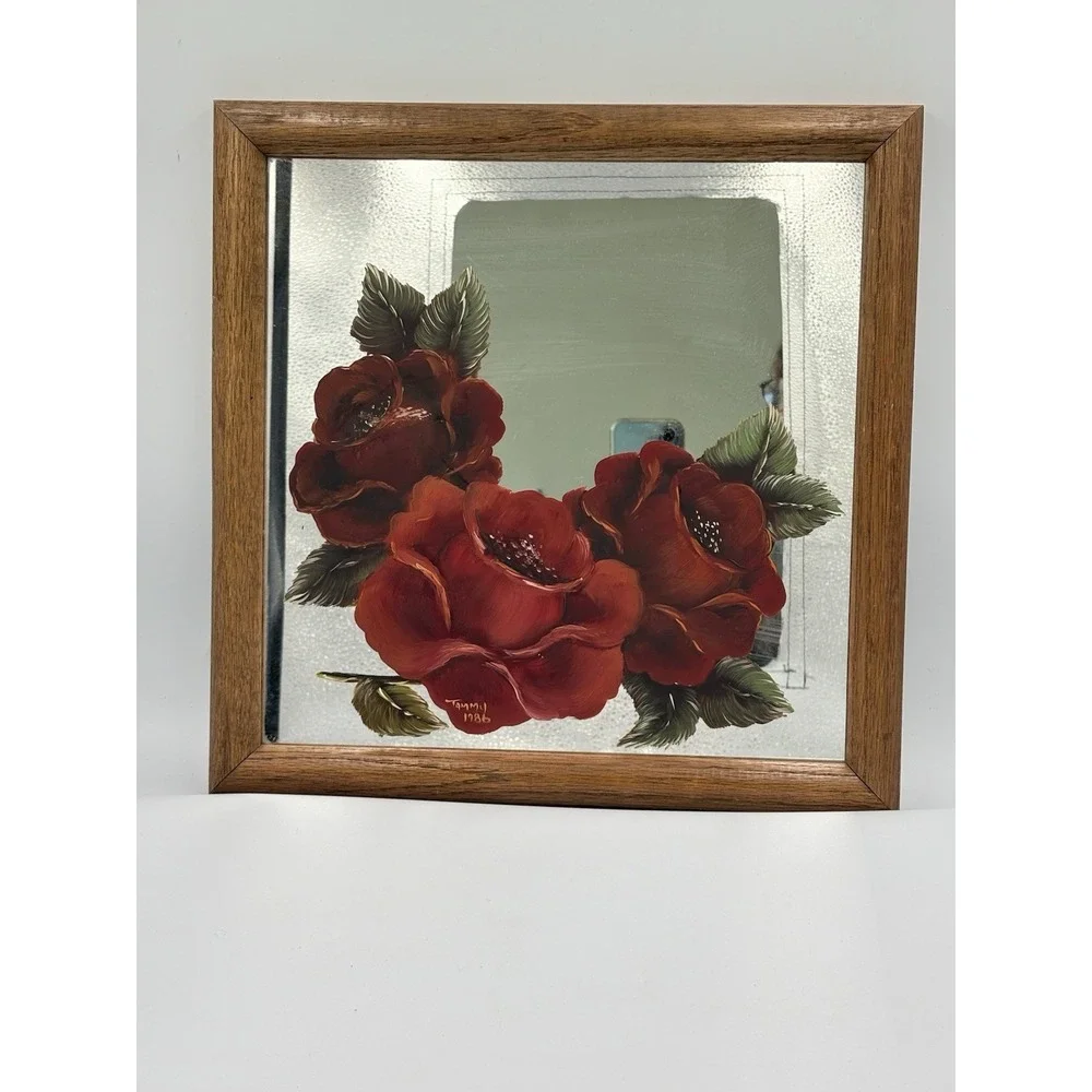 VTG  Hand Painted, Red Rose Wood‎ Framed Mirror Picture  Flaw Read 13